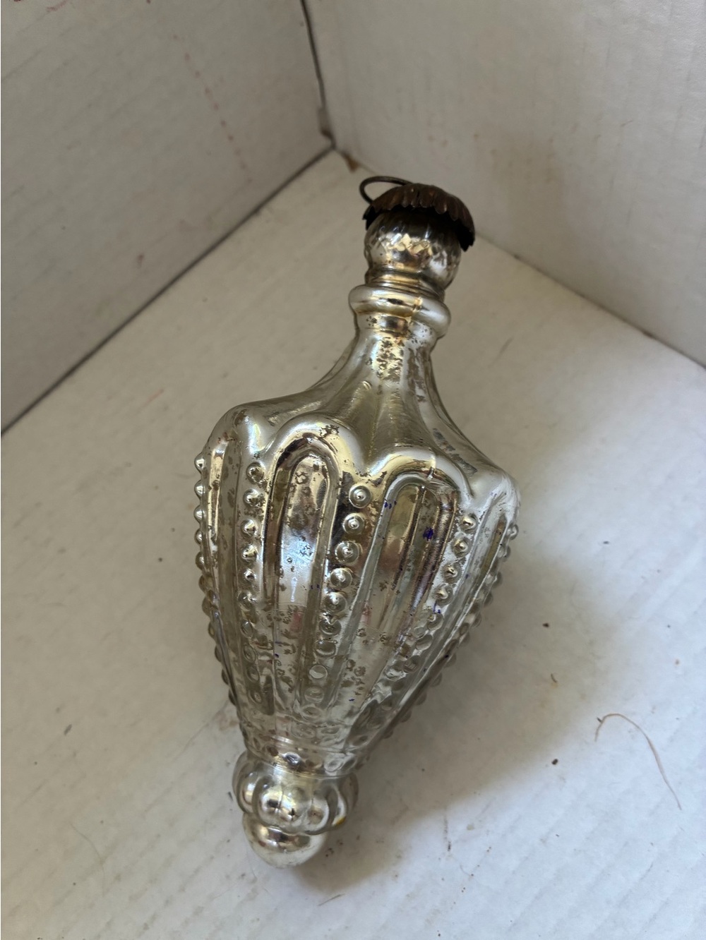 Vintage  Christmas Mercury Glass Ornament Heavy Glass Silver Finial